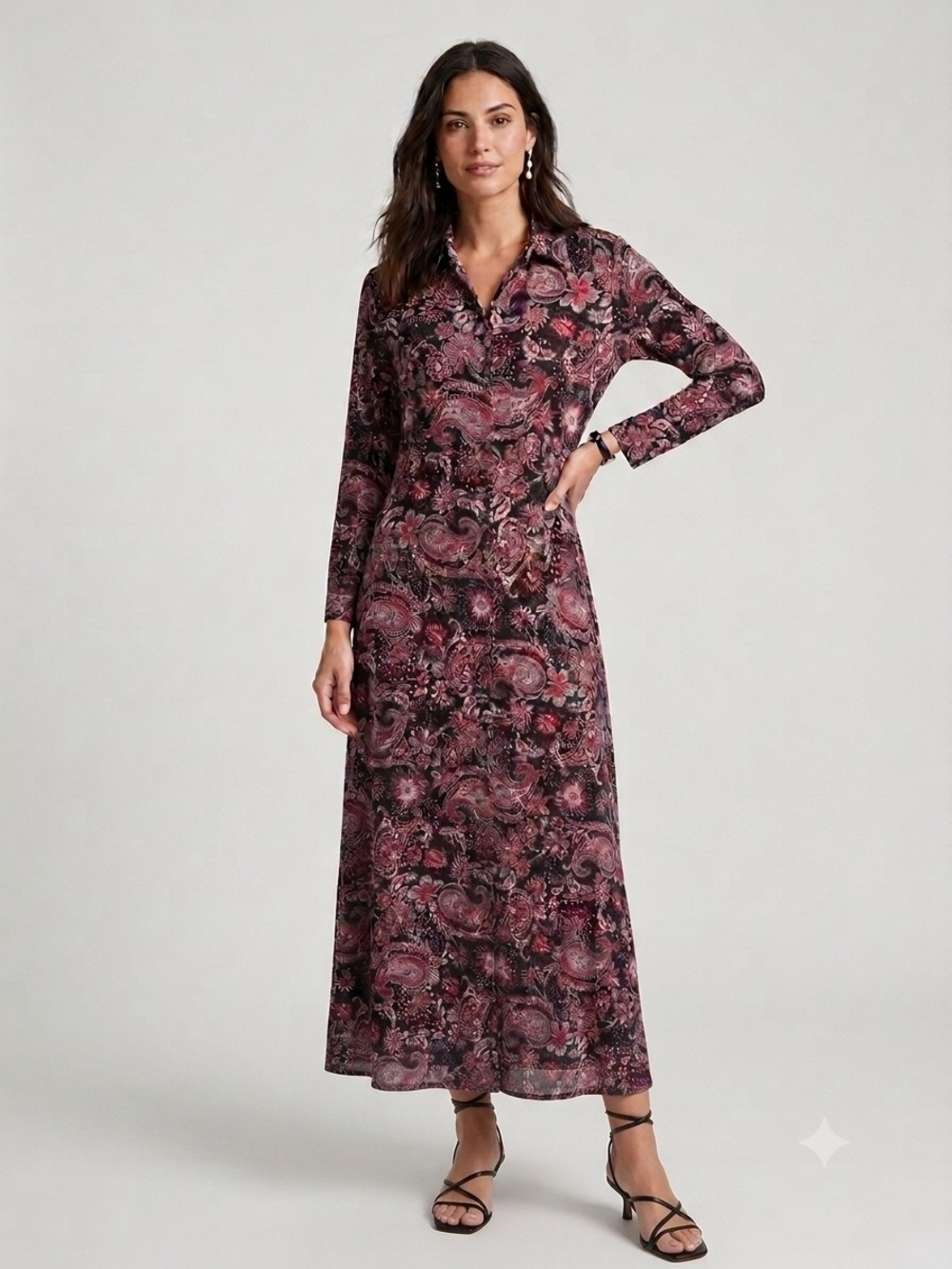 Paisley Print Long Sleeve Maxi Button Down Dress in Plum With Pockets